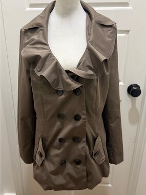 Sandro. Double Breasted Ruffle Collar Trench Coat. Taupe. Size Medium.